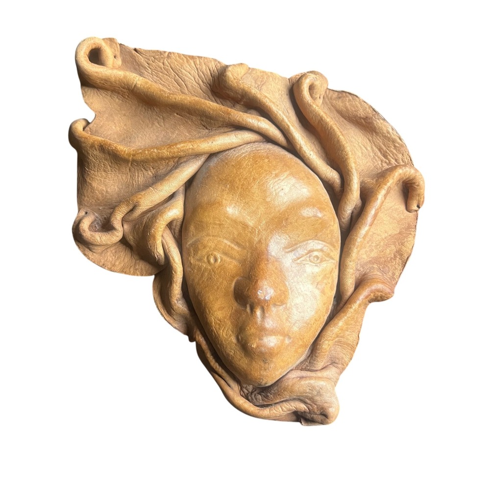 Handmade Wet Molded Leather Face Wall Mask Tan Folk Art Sculpture 6.5"x5.5"